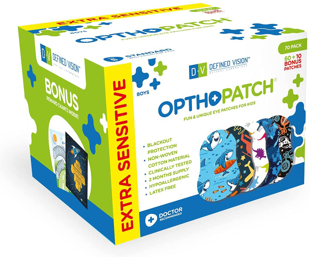 Opthopatch Kids Eye Patches - Fun Boys Design - 60+10 Bonus Latex Free Hypoaller